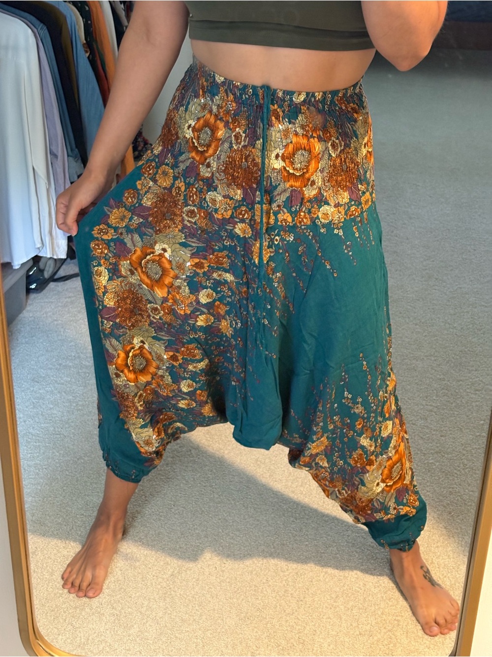 Teal Floral Harem Pants with Golden Orange Blooms
